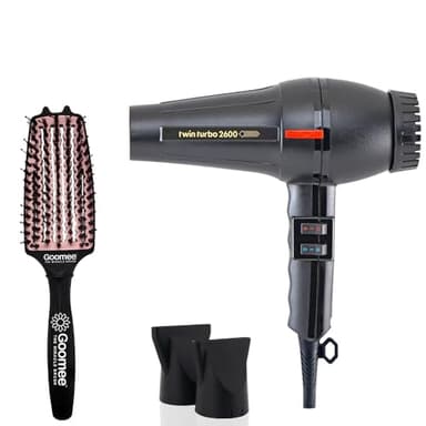 Turbo Power Twin Turbo 2600 Black Hair Dryer and Miracle Medium Detangling Brush Blush Pink