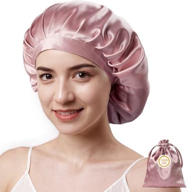 Kaome 100% Mulberry Silk Bonnet for Sleeping Women, 22 Momme Double Layer Silk Hair Wrap, Non-Slip Sleep Cap with Adjustable Elastic Band for Long Curly Hair Care, Comfortable and Breathable, Pink