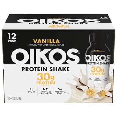 Oikos Protein Shake, Vanilla, 30g High Protein Drinks, Shelf Stable, Ready to Drink, 5g Prebiotic Fiber, 12 fl oz Bottle, 12 Count​