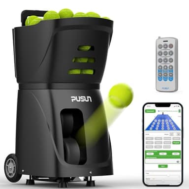 PUSUN Smart Tennis Ball Machine PT-Smart - APP Controlled Auto Feed, 12 Training Modes, 100 Ball Capacity, 4-6Hr Battery Life, Suitable for All Level Players(Black)