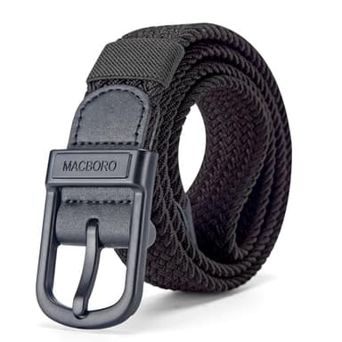 MACBORO Mens Belts Stretchable Stretch Elastic Black TSA Approved Hypoallergenic Nickel Free Non Metal Belt for Men Plastic Buckle Airport Friendly Braided Web Canvas Golf Accessories Belt Dad Gift