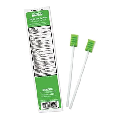 Stryker – Sage Toothette Plus Single Use Oral Swabs with Antiseptic Oral Rinse – 1 package of 2 swabs with .25 fl. oz. mint mouthwash – Disposable swabs with long handle