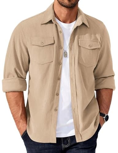 COOFANDY Shirt Jacket for Men Lightweight Corduroy Shirt Long Sleeve Casual Button Down Shirts with Flap Pockets