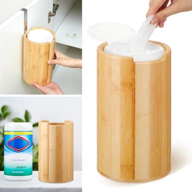 SiliFine Bamboo Wipes Dispenser Container, Disinfectant Wall Mounted Disinfectant Wipes Holder Decorative Bamboo Kitchen Organizer for Bathroom Office Classroom Countertop Home