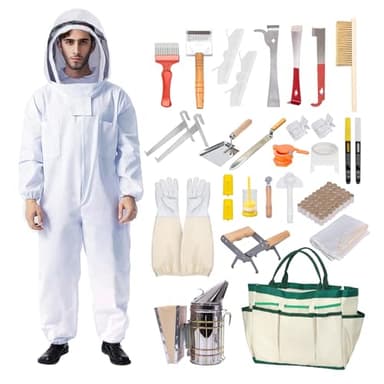 Honey Lake 31Pcs Beekeeping Supplies Starter Kit with Bee Suit – Includes Bee Smoker, Beehive Frame Holder, Frame Grip, Hive Tool, Bee Marking Pen & More Tools for Beginner Beekeepers (XL)