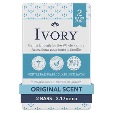 Ivory Gentle Bath Bar Soap, Designed for Whole Family, 99.44% Pure Formula with Plant-Based Cleansers, Made Without Heavy Perfumes, Parabens or Phthalates, Original Scent, 3.17 oz (2 Count)
