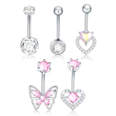 Xpircn 5Pcs Belly Button Ring Surgical Stainless Steel CZ Belly Rings Clicker Belly Piercings for Women Navel Piercing Jewelry Pack