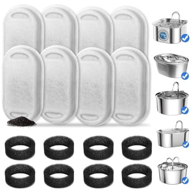 NautyPaws Cat Water Fountain Filters, 8 Pack Cat Fountain Filter Replacement with 8 Sponges for 3.2L/108oz Pet Water Fountain Stainless Steel
