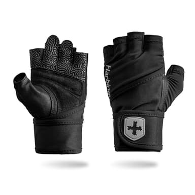 Harbinger Pro Wristwrap Gloves 3.0 - Enhanced Grip, Superior Wrist Support, Breathable 4-Way Stretch Lycra, Durable Leather Palm, Half-Finger Design for Weightlifting, Gym, Black, Large - Men's