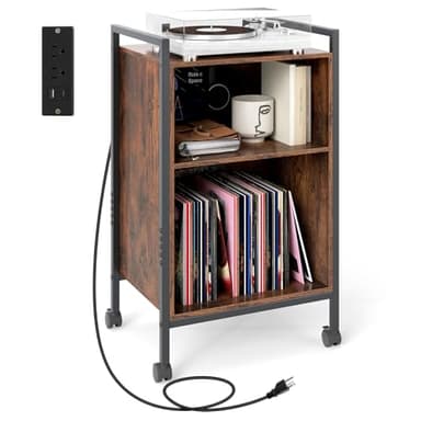 Giantex Record Player Stand with Charging Station, Mobile Turntable Stand with Record Storage & 4 Rolling Wheels, 3-Tier Vinyl Record Storage w/ Open Shelves & Dividers for Living Room, Rustic Brown