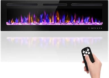 BETELNUT 68" Electric Fireplace Wall Mounted and Recessed with Remote Control, 750/1500W Ultra-Thin Wall Fireplace Heater W/Timer Adjustable Flame Color and Brightness, Log Set & Crystal Options