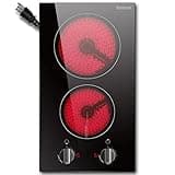 Karinear 110v Electric Cooktop 2 Burners, 12'' Electric Stove Top with Plug in, Knob Control Countertop & Built-in Ceramic Cooktop, 9 Heating Level, Hot Warning, Over-Temperature Protection