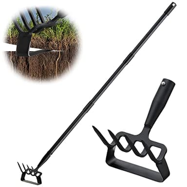 Garden Hoe, Heavy Duty Hula Hoe Garden Tool for Weeding, 62 Inch Cultivator Stirrup Hoe with Adjustable Long Handle, Action Scuffle Loop Hoe with Rake 2-in-1 Gardening Tool for Loosening Pulling Weed