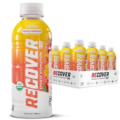 RECOVER 180 Organic Sports Hydration Drink, No Sugar Added, 20 Calorie Sports Beverage, Organic Flavors With Vitamins, Potassium-Packed Electrolytes (16.9 Fl Oz (Pack of 12), Peach Mango)