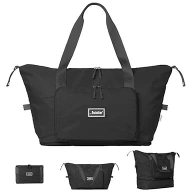 The Foldie Foldable Travel Tote Bag for Women - 40L Weekender Overnight Bag Duffel with Multiple Pockets and Luggage Sleeve - Airline-Approved Underseat Carry On Personal Item Travel Bag - Black