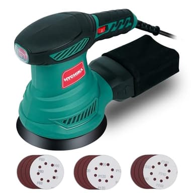 HYCHIKA 5-Inch Random Orbital Sander, 13000RPM Electric Palm Sander with 6 Variable Speeds, Powerful Motor, 12PCS Sandpapers and Efficient Dust Collection Bag, for Woodworking, Finishing and Polishing