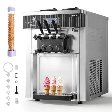 VEVOR Commercial Ice Cream Machine, 20-28L/H Yield, 2200W 3-Flavor Countertop Soft Serve Ice Cream Maker with 2 x 6L Hoppers & Hopper Agitation, Pre-Cooling Self-Cleaning for Snack Dessert Shops
