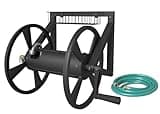 Artigarden Triangle Wall Mounted Garden Hose Reel, Outdoor Heavy-Duty Water Hoses Holder Winder, Holds 125 Ft of 5/8-Inch Hose, with 3.9 ft Leader Hose, Brass Fitting, Storage Basket for Yard, Black