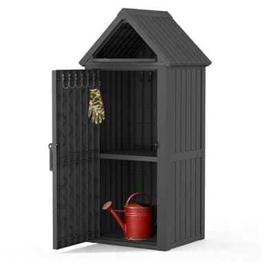 Outdoor Storage Shed with Removable Shelves, Waterproof Resin Outdoor Storage Cabinet for Small Patio, Balcony, Backyard, Vertical Storage Shed with 12 Hooks for Garden Tools, Grilling Supplies, Black