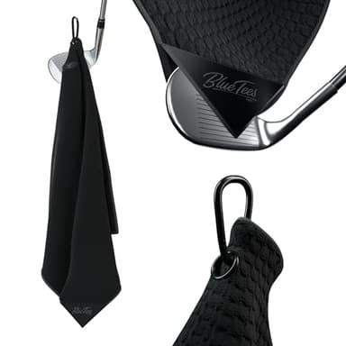 Blue Tees 4 in 1 Magnetic Golf Towel - Standard & Caddy Sizes - Silicone Brush - Groove Cleaner - Magnetic Golf Towels for Golf Bags - Strong Hold to Golf Carts or Clubs - Black - Standard 18"x18"