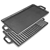 ProSource 2-in-1 Reversible 19.5” x 9” Cast Iron Griddle with Handles, Preseasoned & Non-Stick for Gas Stovetop, Oven and Open Fire.