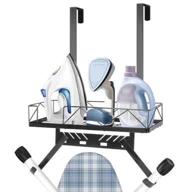 Siyzda Ironing Board Hanger, Metal Over The Door or Wall Mounted Ironing Board Caddy, Ironing Board Storage Shelf with Adjustable Hooks for Laundry Room, Living Room, Bathroom (Matte Black)