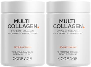 Codeage Multi Collagen Capsules – 5 Collagen Types I, II, III, V & X – Hydrolyzed Grass-Fed Bovine Protein with Ashwagandha, Amla, and Vitamins - 2-Pack
