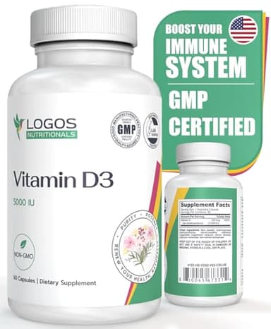 logos nutritionals Vitamin D3 Supplement - Vitamin D-5000 IU - Support Healthy Bones, Teeth, Muscles, Cardiovascular, and Immune Function - Dairy-Free, Soy-Free - 60 Capsules