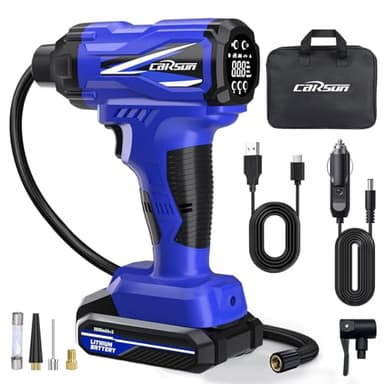 CARSUN Tire Inflator Portable Air Compressor, 150PSI Cordless Tire Pump with DC 12V/Battery Dual Power Supplies, Portable Handheld Air Pump, Digital Pressure Gauge for Car Tires, Bicycles, Balls, Blue