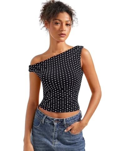 SUUKSESS Women Off Shoulder Tops Sleeveless Shirts Y2K Trendy Going Out Crop Tank Top (Black Polka Dots,M)