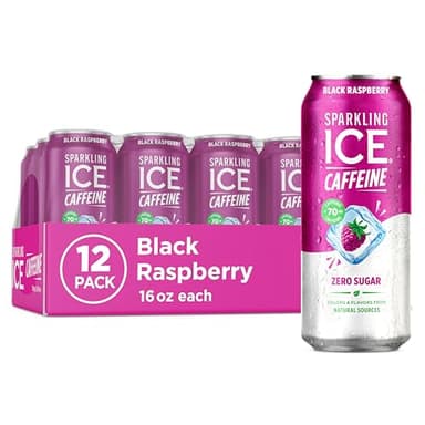 Sparkling Ice Caffeine Black Raspberry Sparkling Water with Caffeine, Zero Sugar, with Antioxidants and Vitamins,16 fl oz Cans (Pack Of 12)