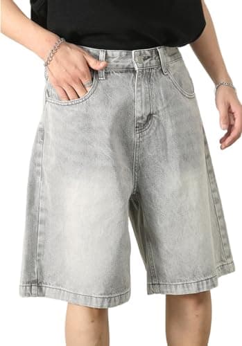 NDCOXQW Jean Shorts Men 2025 Summer Loose Fit Wide Leg Jorts Casual Vintage Hip Hop Streetwear Bermuda Baggy Denim Shorts Y2k (Grey, 30)
