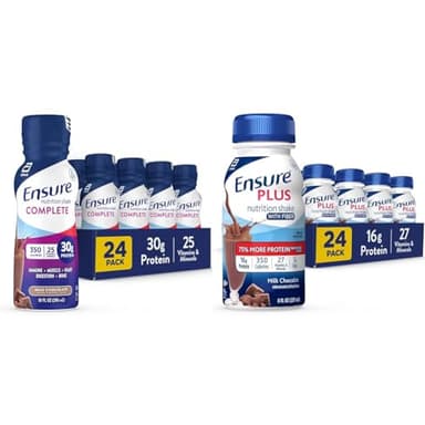 Ensure COMPLETE Nutrition Shake & Ensure Plus Nutrition Shake With Fiber, 16 Grams of Protein, Meal Replacement Liquid, Milk Chocolate, gluten free, 8 Fl Oz (Pack of 24)