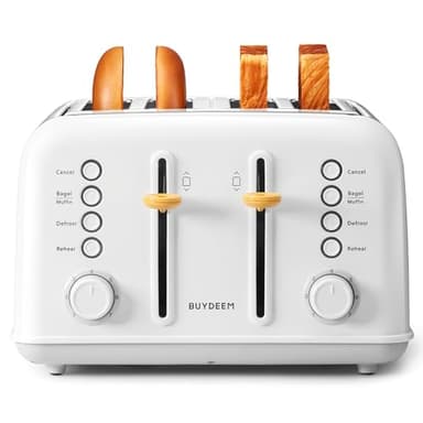 BUYDEEM DT640 4-Slice Toaster, Extra Wide Slots, Stainless Steel with High Lift Lever, Bagel and Muffin Function, Removal Crumb Tray, 7-Shade Settings, Arctic White