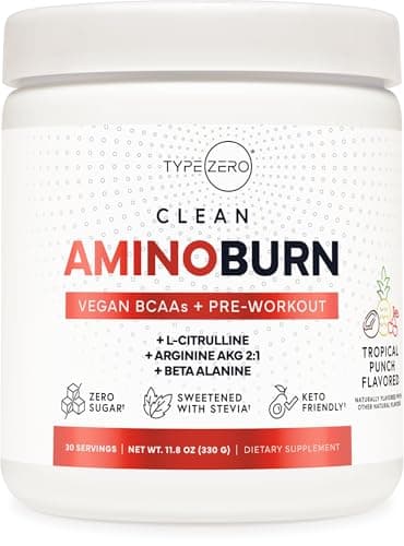Type Zero AminoBurn - Natural Pre Workout + BCAA (Tropical Punch | 30serv) Sugar Free BCAAs Amino Acids Supplement Keto Preworkout, Amino Preworkout and Post Workout Drink