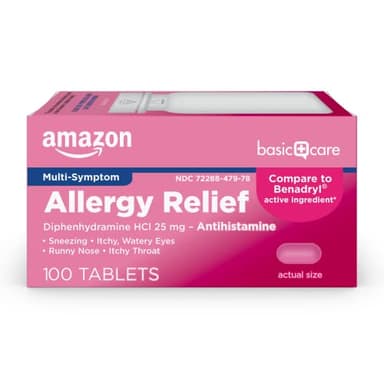 Amazon Basic Care Allergy Relief Diphenhydramine HCl 25 mg, Antihistamine Tablets for Symptoms Due to Hay Fever and Upper Respiratory Allergies, Mini-Tabs, 100 Count