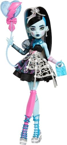 Monster High Scary Sweet Birthday Doll, Frankie Stein in Black Party Dress with Themed Accessories Like Invite, Balloon, Toy, Lipstick and More