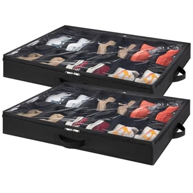 Lifewit Under Bed Shoe Storage Organizer Set of 2, 4.3 Inches Tall Low Profile Fabric Shoes Container Box with Clear Cover, Foldable Storage Bag with 2 Handles, Total Fits 24 Pairs of Shoes, Black