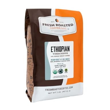 Fresh Roasted Coffee, Organic Ethiopian Yirgacheffe | USDA Organic, Kosher, 3rd Party Tested for Mold, Myco, Pesticides | 2 lb (32 oz) Whole Bean