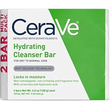 CeraVe Hydrating Cleanser Bar, Soap-Free Body and Facial Cleanser with 5% Moisturizing Cream, Fragrance-Free, 2-Pack, 4.5 Ounce Each