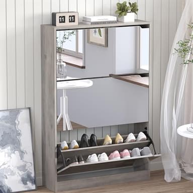 BORNOON Shoe Cabinet with 3-Flip Mirror Drawers, Freestanding Shoe Rack Organizer with Hidden Handle, Slim Narrow Shoe Storage Cabinet for Entryway, Entrance, Hallway, Bedroom