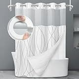 LXBNI No Hook Grey White Striped Shower Curtain with Snap in Fabric Liner Set - Hotel Liner Set with See Through Mesh Top Window,Machine Washable, 71x74 INCH
