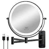 JANEEVA 8" Wall Mounted Lighted Makeup Mirror,Rechargeable Double Sided 1X/10X Magnifying Mirror with 3 Color Lights,Touch Dimmable Bathroom Vanity Mirror with 360°Swivel Extendable Arm Matte Black