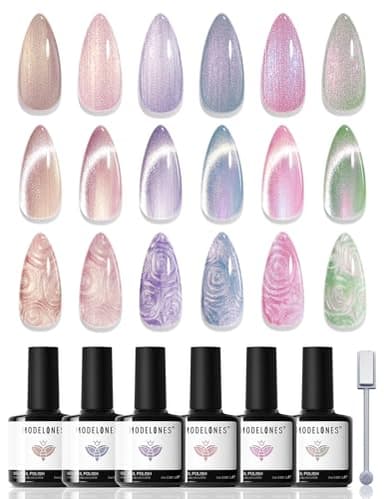 modelones Cat Eye Gel Nail Polish, 6 Colors Shimmer Pearl Magnetic Nail Drawing Set with Magnet, Iridescent Mermaid Swirl Shell Thread Purple Pink Blue Glitter, DIY Manicure Gift for Women Girl