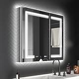 ExBrite 36 x 32 Lighted Medicine Cabinet with Mirror, Front&Backlit led Medicine Cabinet,Clock Temp Display,Defog,10x Magnifier,3 Colors Temper Dimmable,Surface or Recessed Mount,Door Wide Open
