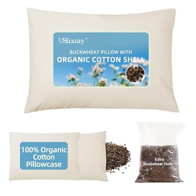 USlixury Organic Buckwheat Pillow for Sleeping with Extra Organic Pillowcase and Hulls, 14"X20" Buckwheat Hull Pillow, Adjustable Height and Firmness, Firm Neck Support for Side Sleepers, Cool, White