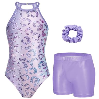 Zaclotre Gymnastics Leotards for Girls Sparkly Sleeveless Dance Unitards Gymnastics Outfits with Shorts Purple Leopard 11-12Y