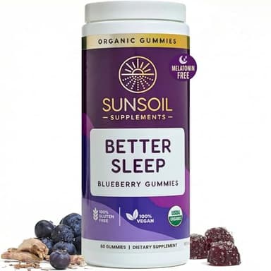 Sunsoil Better Sleep Organic Gummies, No Melatonin, Ashwagandha, USDA Certified Organic, Vegan, Gluten-Free, Sleep Support