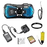 Pentax WG-90 Waterproof Digital Camera (Blue) | 2.7" LCD Monitor with 32GB Extreme UHS-I SDHC Memory Card and Waith Camera Strap (Yellow) (Essential Bundle)