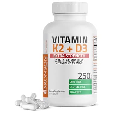 Bronson Vitamin K2 (MK7) with D3 Extra Strength Supplement Bone and Heart Health Non-GMO Formula 10,000 IU Vitamin D3 & 120 mcg Vitamin K2 MK-7 Easy to Swallow Vitamin D & K, 250 Capsules